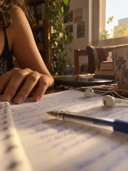 Mão sobre um caderno com uma letra escrita à caneta e um fone de ouvido.