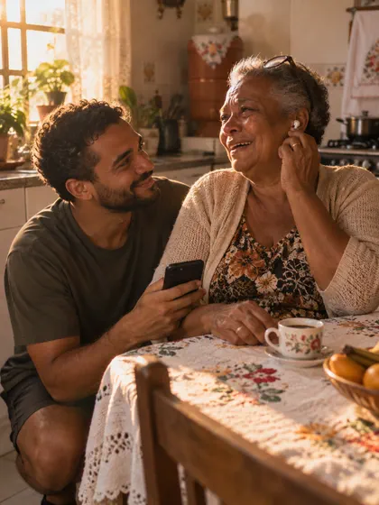 Senhora rindo e chorando ao ouvir uma música no fone, com o filho ajoelhado ao lado.